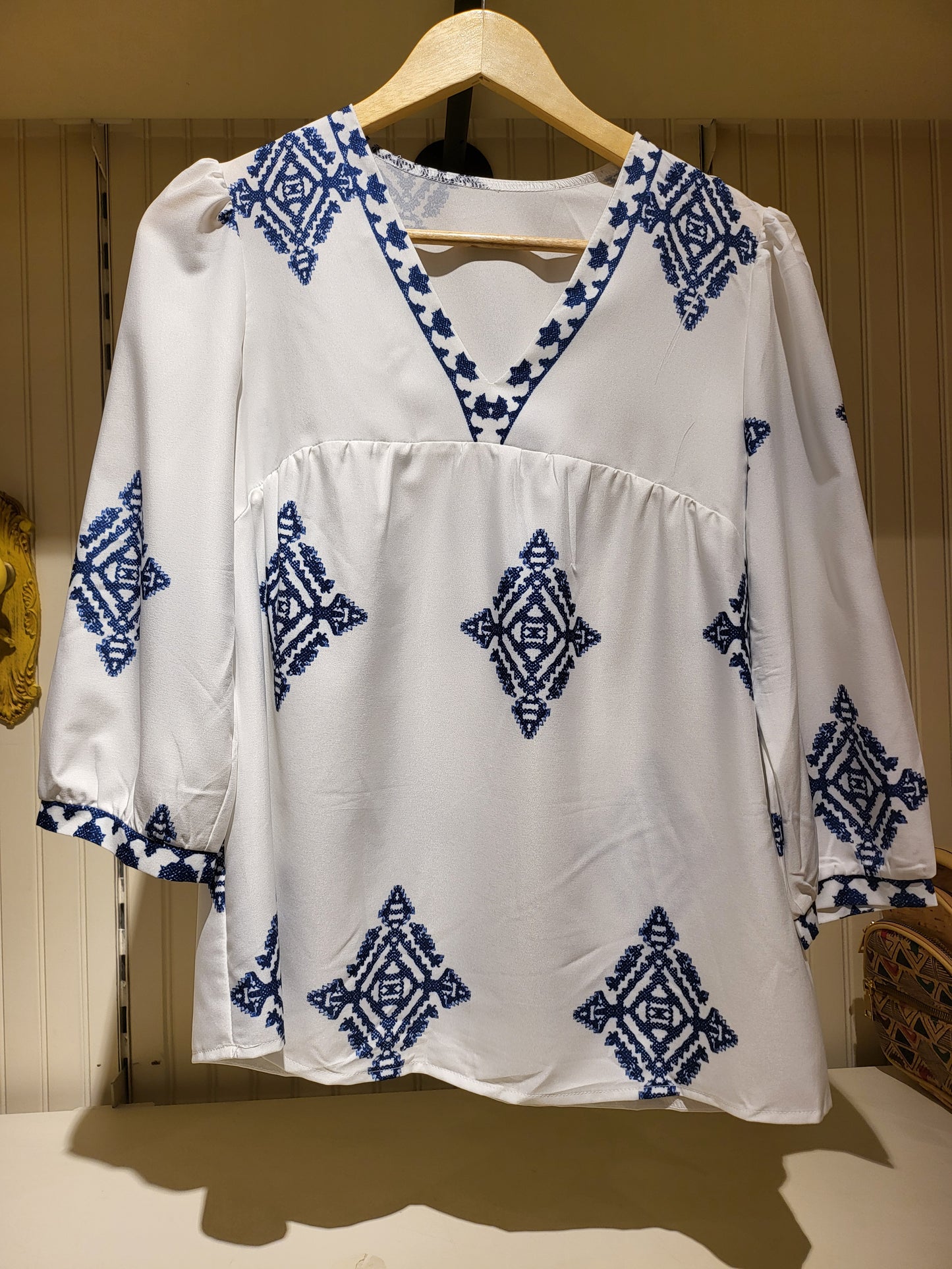 White 3/4 Sleeve Top with Blue Pattern