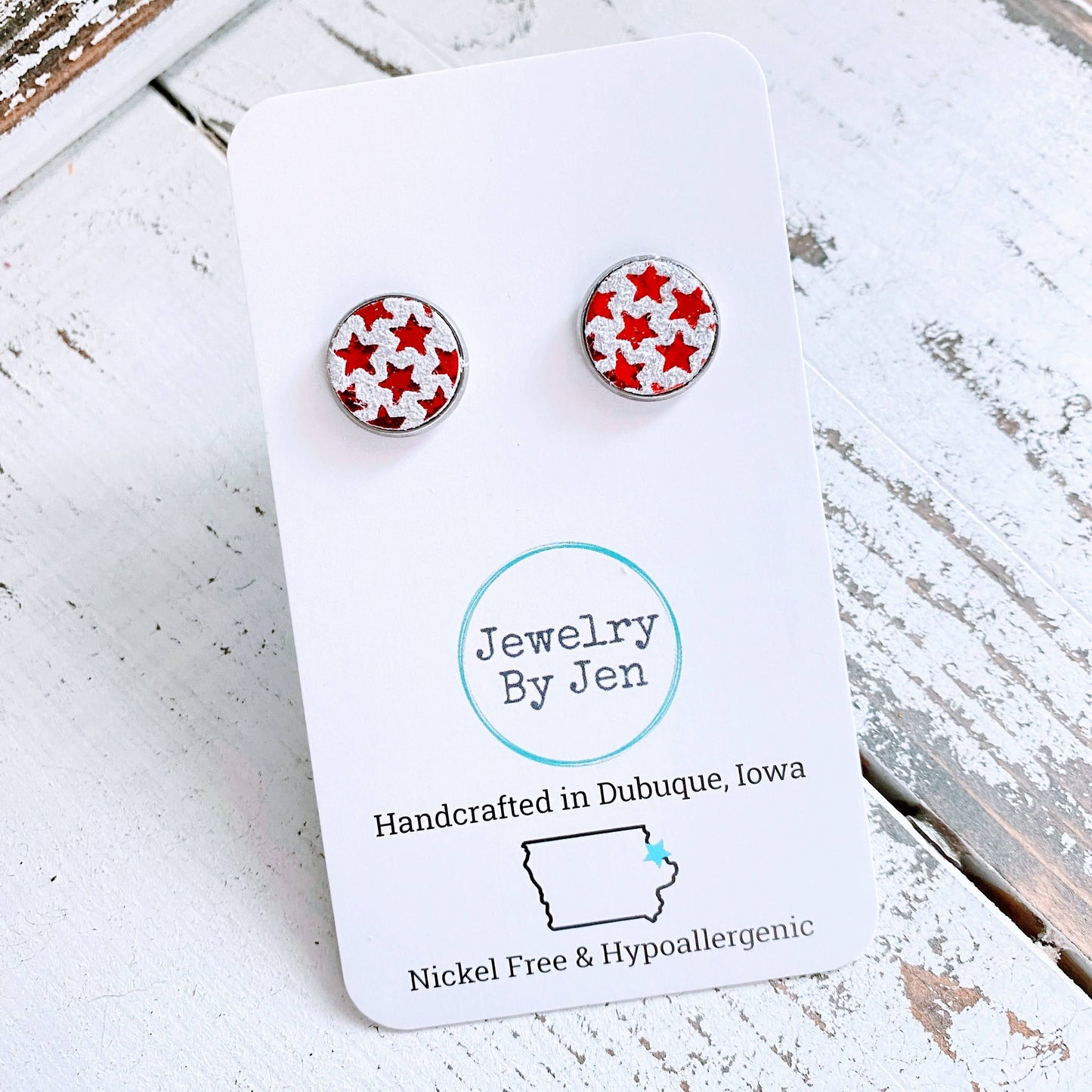 Stud Earrings: Red Metallic Stars