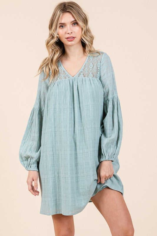 Sage Oversized Cotton Gauze Dress with Lace