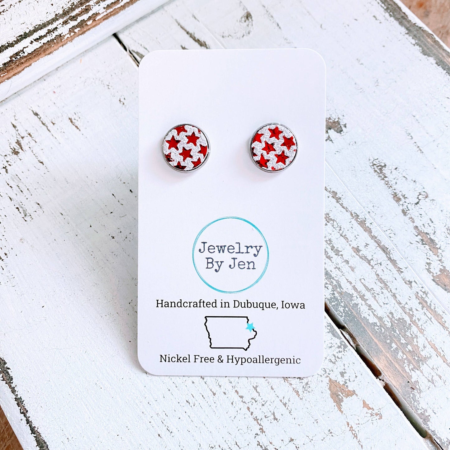 Stud Earrings: Red Metallic Stars