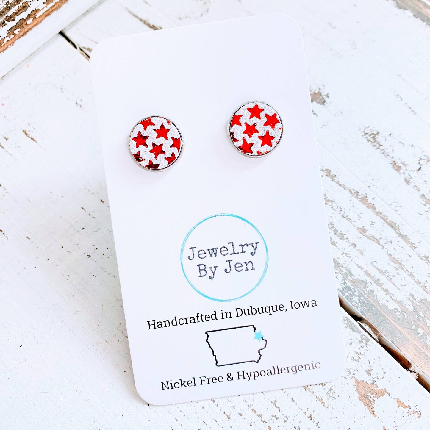 Stud Earrings: Red Metallic Stars