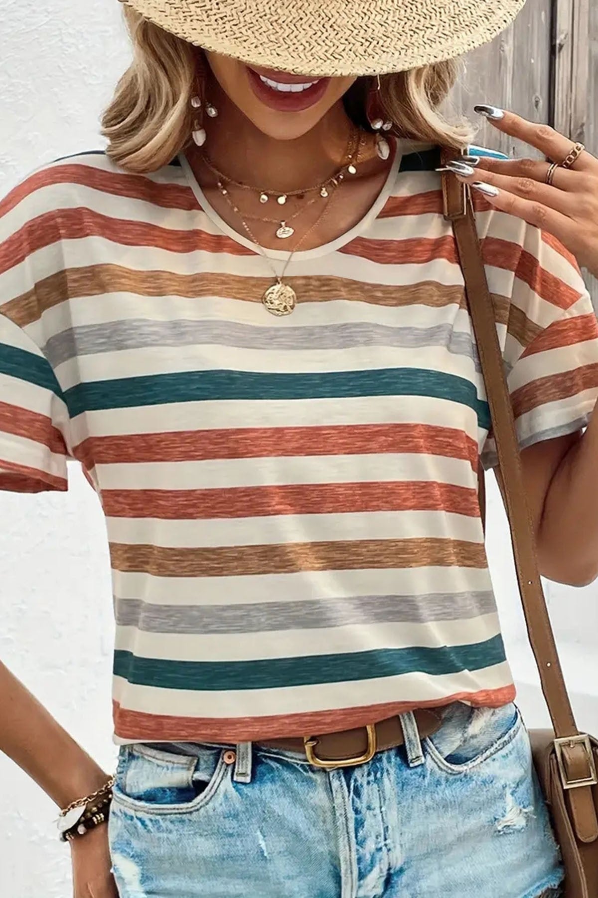 Orange Striped Fashion Round Neck Short Sleeve T