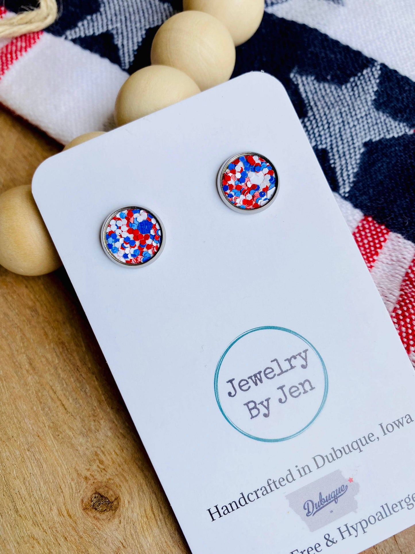 Stud Earrings: Red, White & Blue Glitter