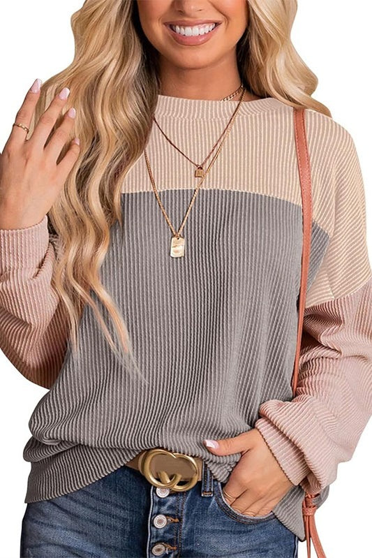 Grey Leisure Striped Patchwork Long Sleeve Top