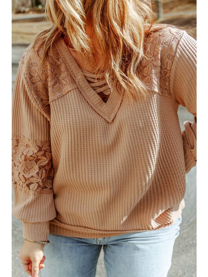 Lace Waffle Patchwork V Neck Long Sleeve Top