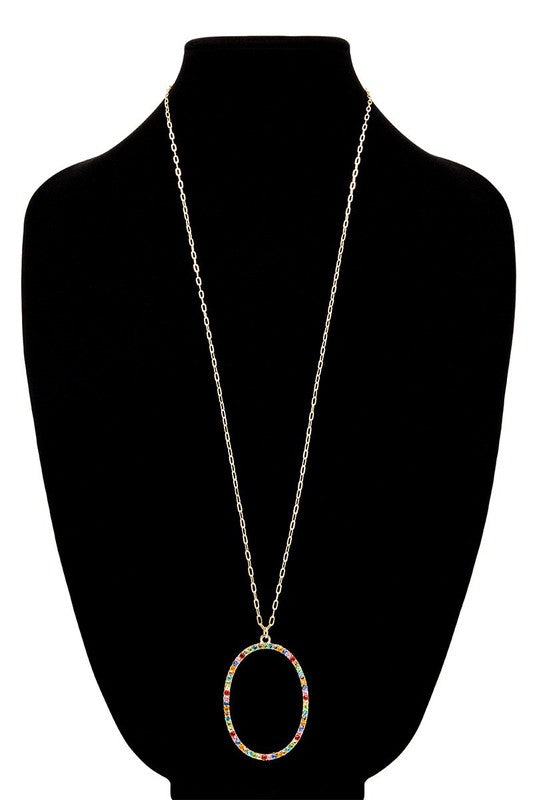 Glass Rhinestone Accented Oval Pendant Necklace Rose Gold