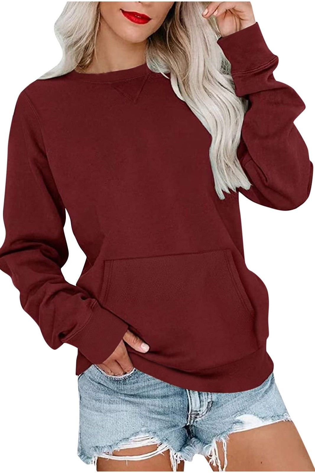 Wine Red Round Neck Loose Fitting Long Sleeved Sweater