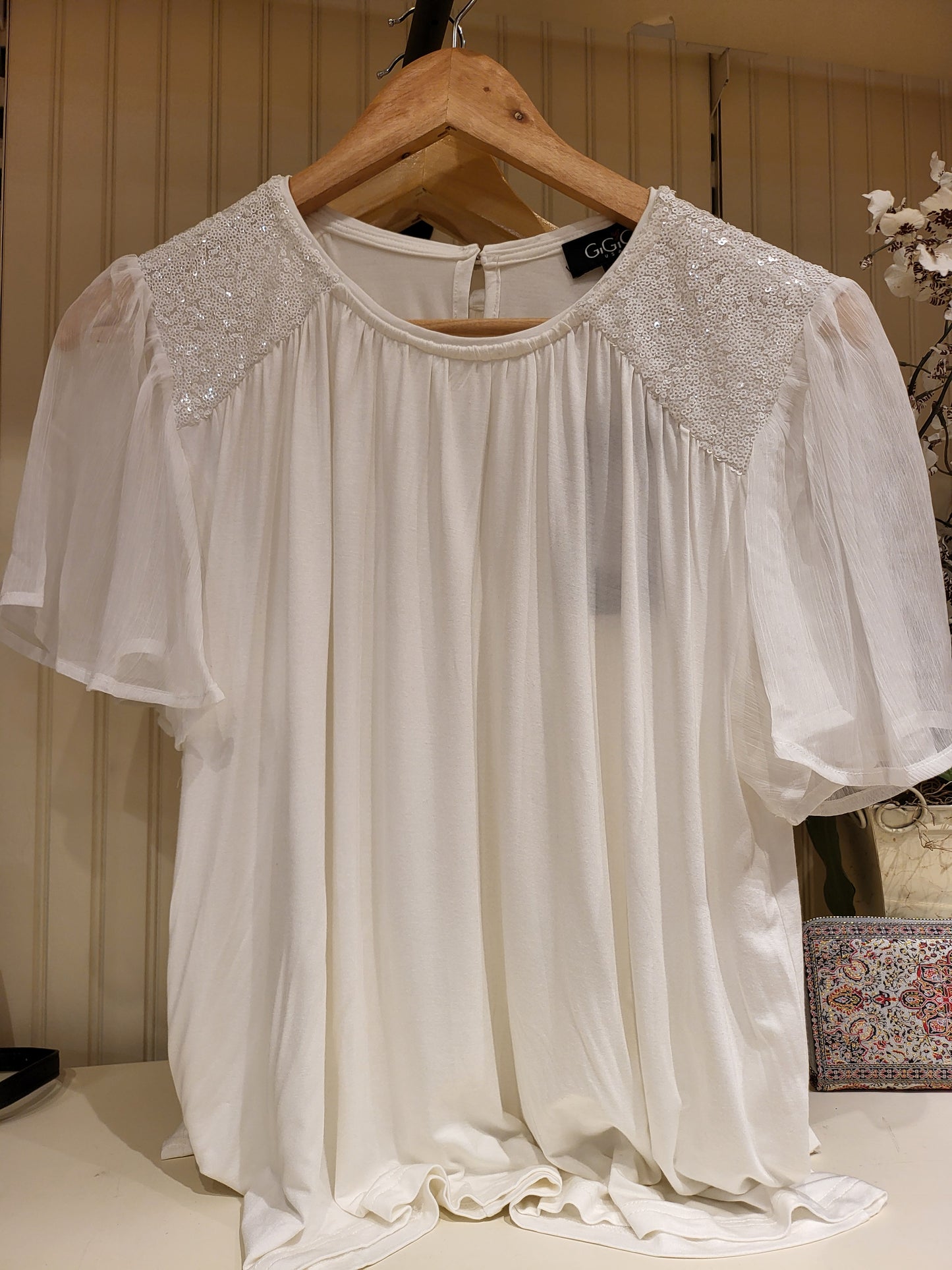 White Dressy Top with Sheer Short Sleeves