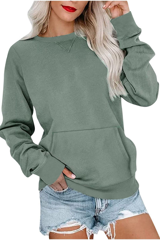 Grass Green Round Neck Loose Fitting Long Sleeved Sweater