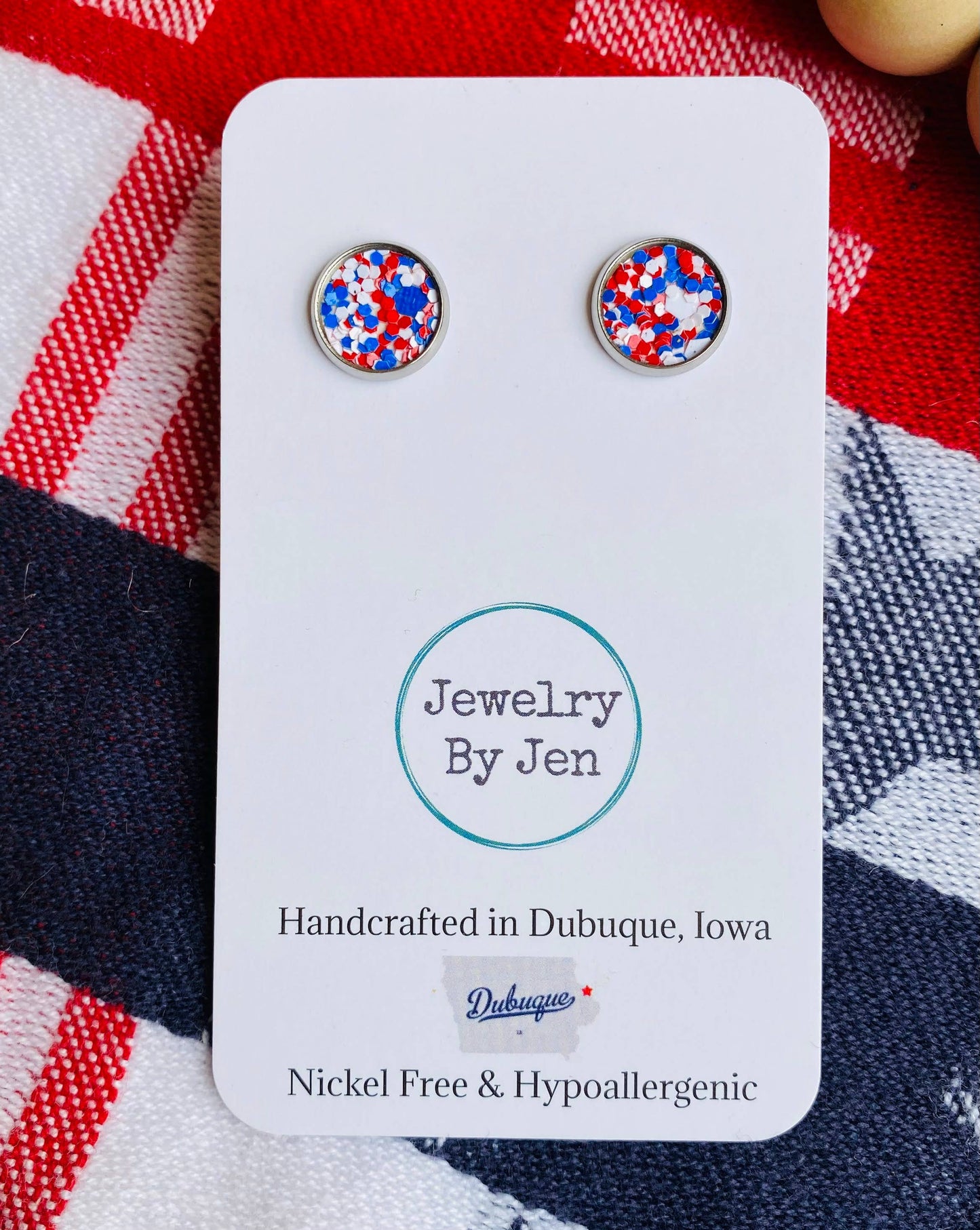 Stud Earrings: Red, White & Blue Glitter