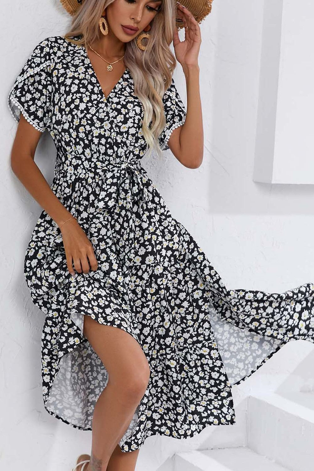 Black Small Floral Split V-Neck Dress