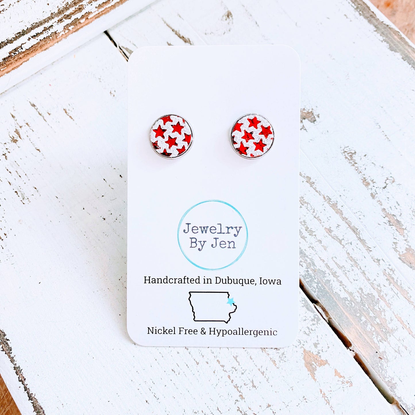 Stud Earrings: Red Metallic Stars