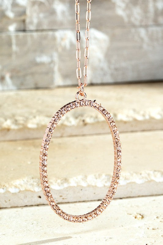 Glass Rhinestone Accented Oval Pendant Necklace Rose Gold